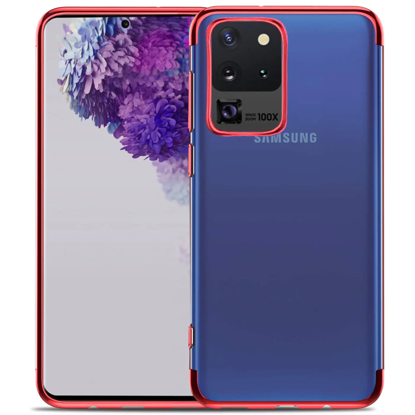 Samsung Galaxy S20 Ultra mit roter Hülle, klare Rückseite, Vorderansicht.