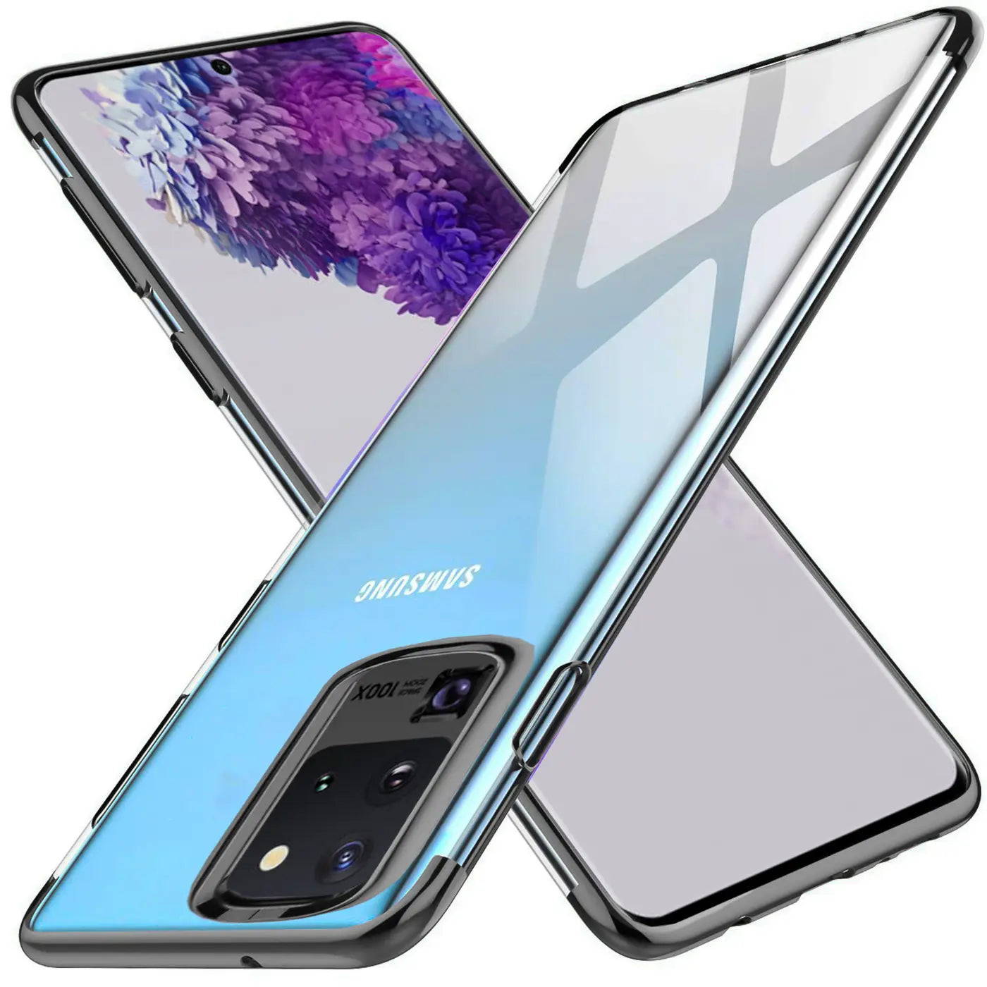Samsung Galaxy S20 Ultra in transparenter Hülle mit schwarzem Rand, Rückansicht