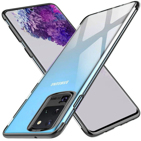 Transparente Handyhülle für Samsung Galaxy S20 Ultra mit farblichen Akzenten in Schwarz, Rot, Blau oder Roségold.