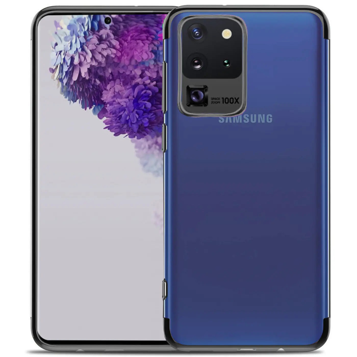 Samsung Galaxy S20 Ultra in blauer Hülle, von hinten, transparentes Material.