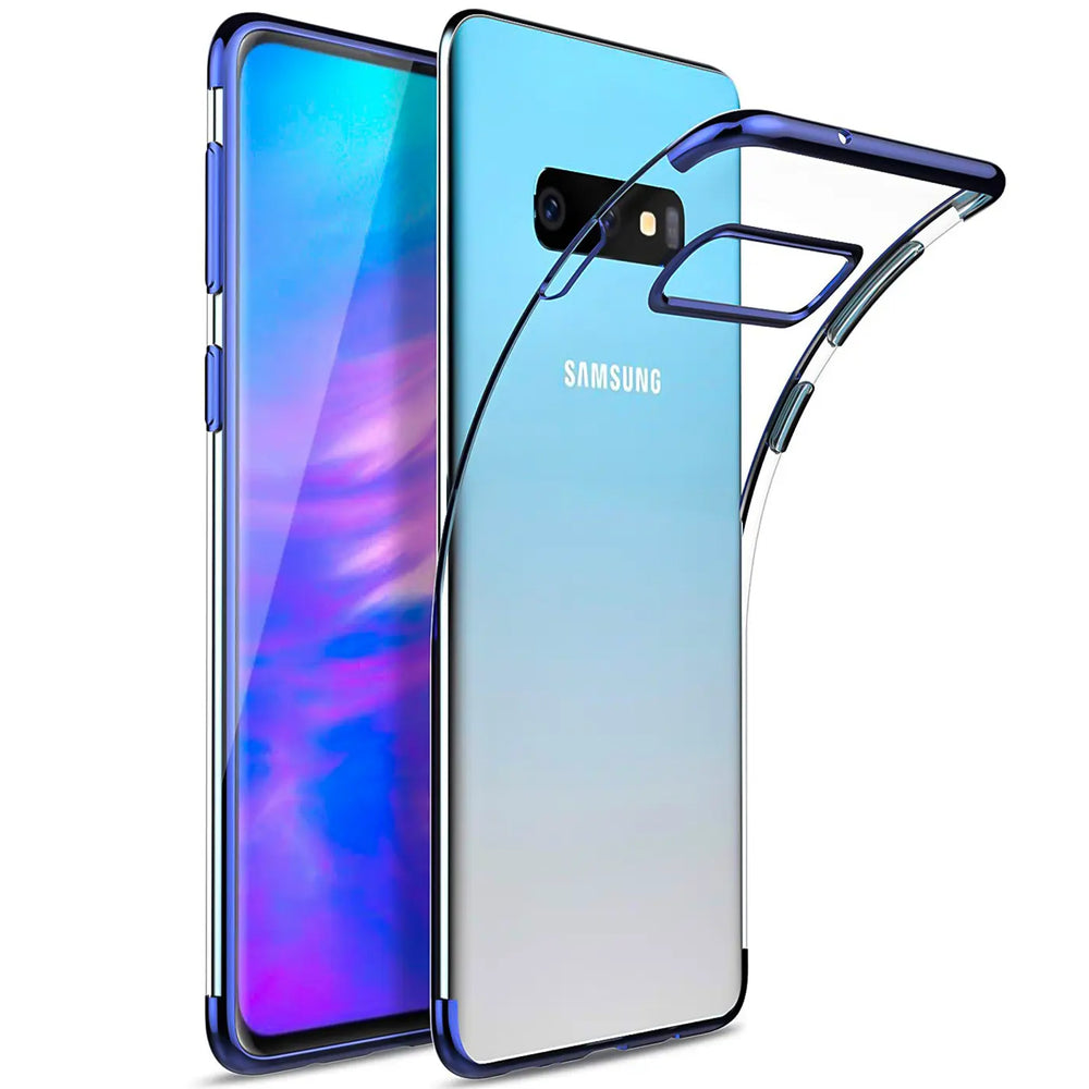 Transparente Hülle mit blauem Rand, aus Kunststoff, zeigt Samsung S6 Edge von vorne und hinten.