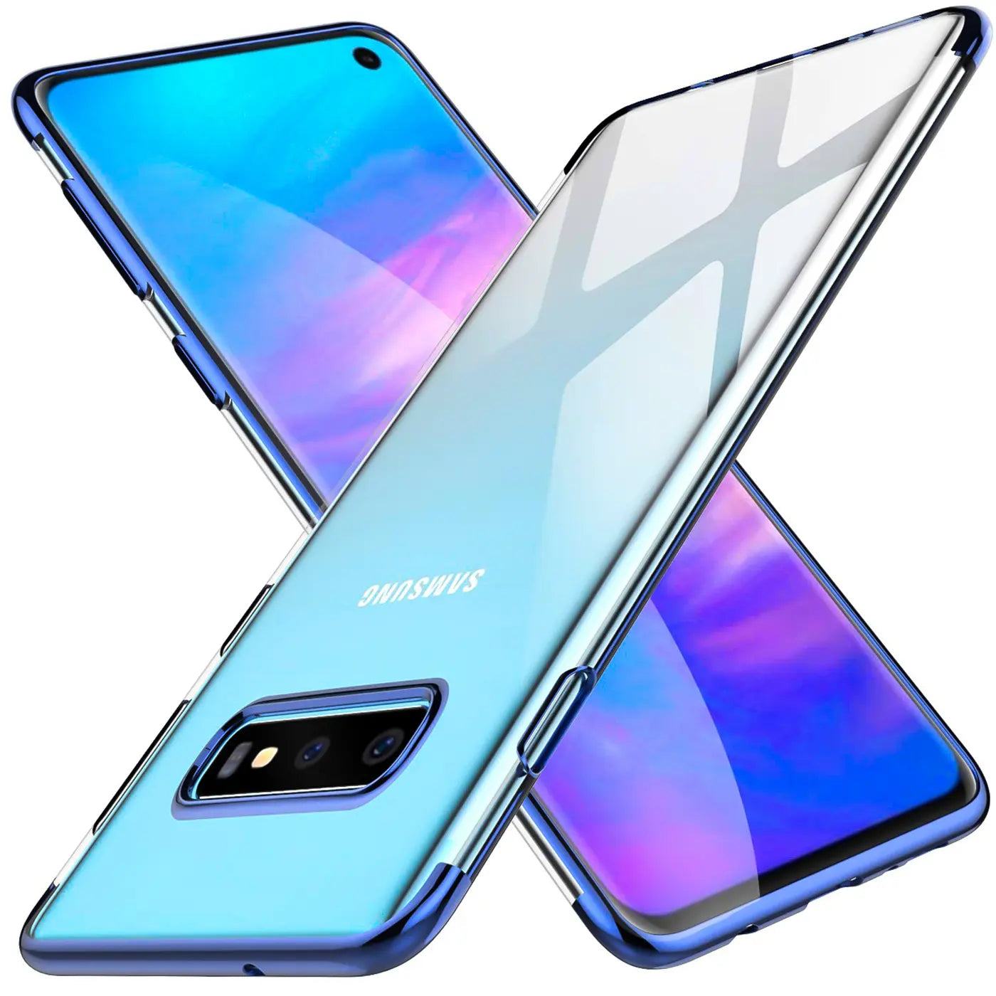 Samsung Galaxy S10, klare Hülle mit blauem Rand, von oben schräg fotografiert.