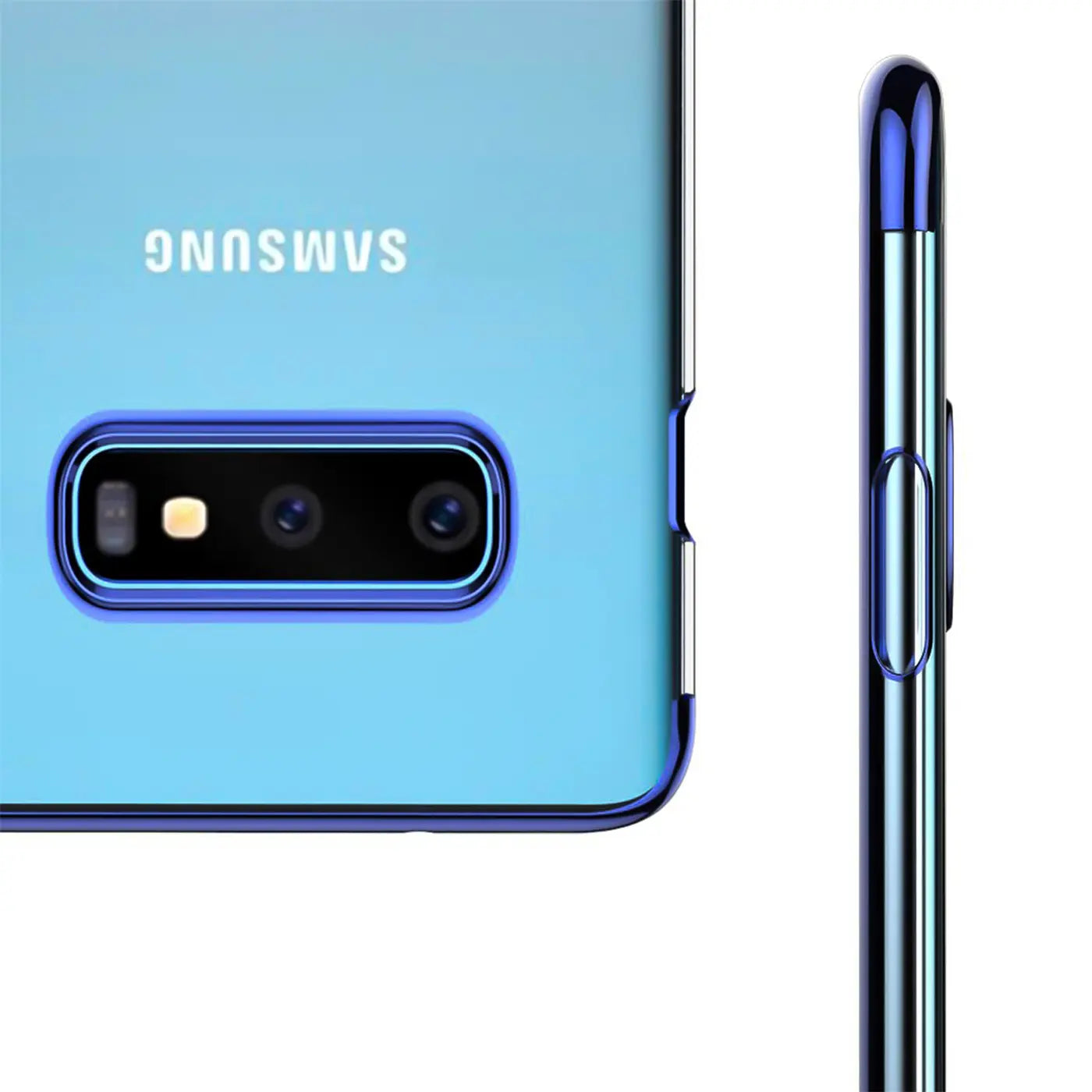 Samsung Galaxy S6 Edge mit blauer Hülle, Rückseite und Seitenansicht, klare Hülle mit Farbrand