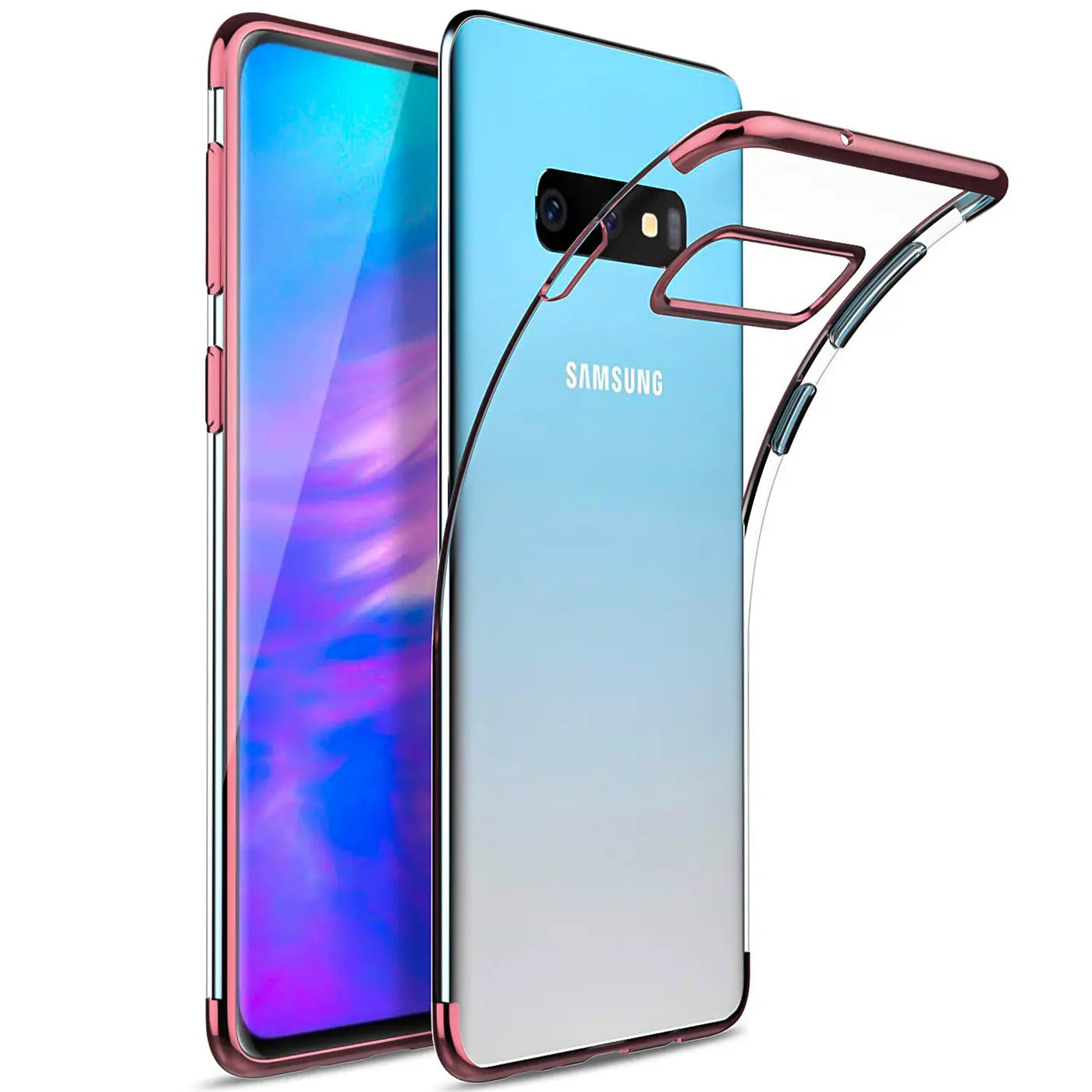 Samsung S10e mit rosa Rand, klare Hülle, von vorne links, Rückseite sichtbar.