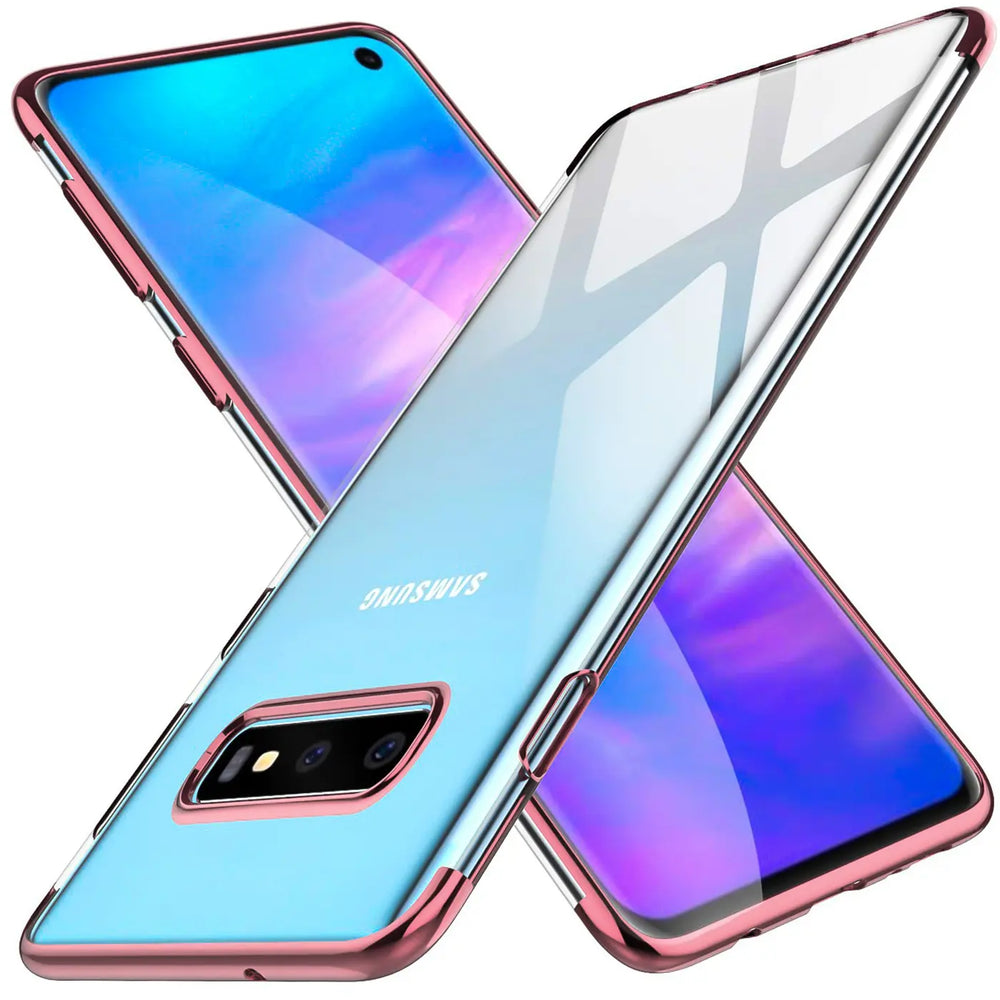 Samsung Galaxy S10e Hülle, transparent, roséfarbener Rand, von oben schräg