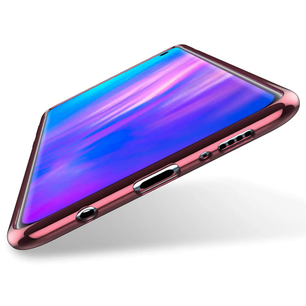 Samsung S6 Edge mit roségoldener Hülle, klare Rückseite, von schräg oben.