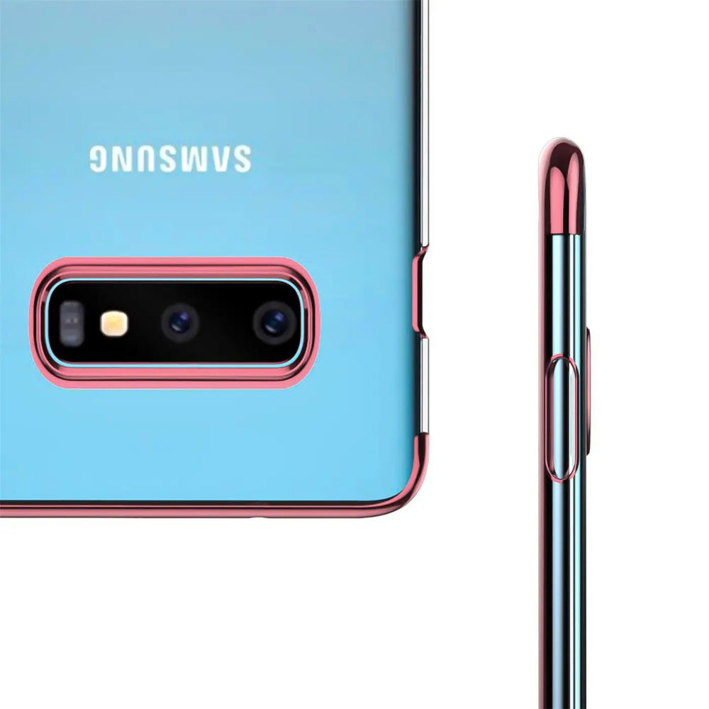 Samsung Galaxy S10 Rückseite mit rosa Rand, Nahaufnahme, Handyhülle