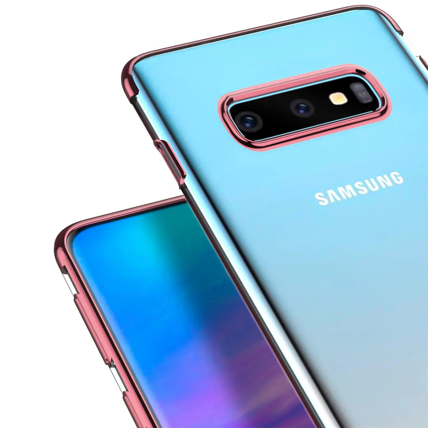 Samsung Galaxy S10e, durchsichtige Hülle mit rosafarbenem Rand, Nahaufnahme von hinten und vorne