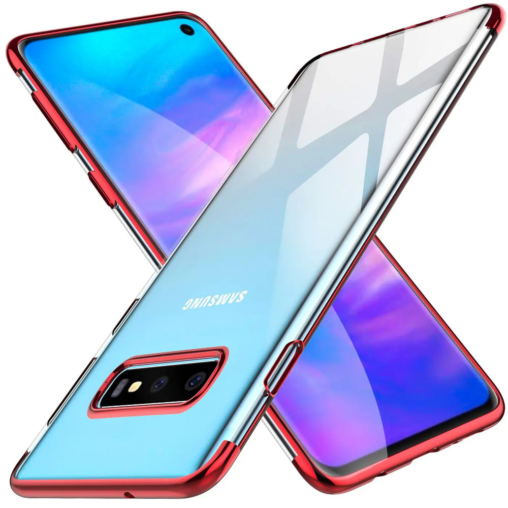Samsung Galaxy S10 mit rotem Rand, transparente Hülle, Rückansicht