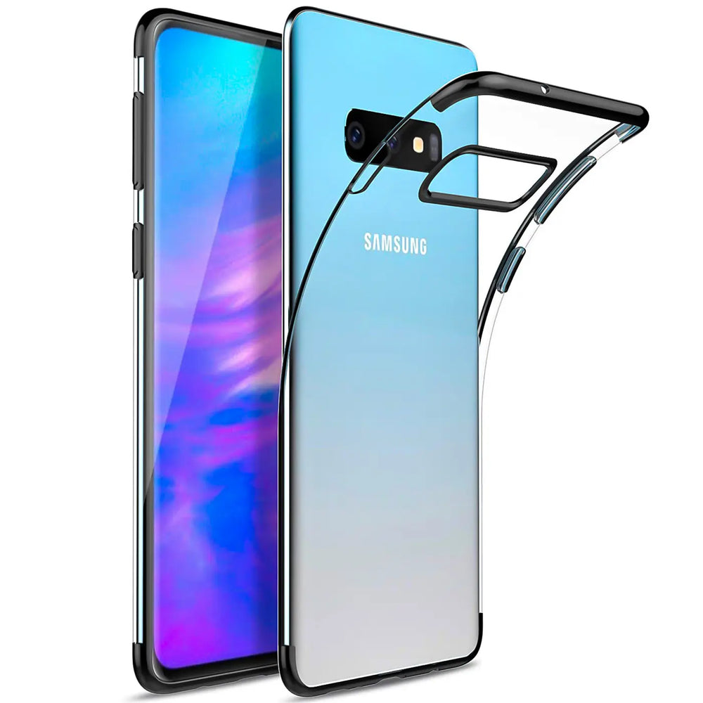 Samsung Galaxy S6 Edge mit transparenter Hülle, schwarzer Rand, von hinten, Nahaufnahme