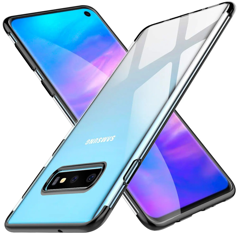 Transparente Hülle mit schwarzem Rand, zeigt Samsung Galaxy S10, Rückseite und Vorderseite