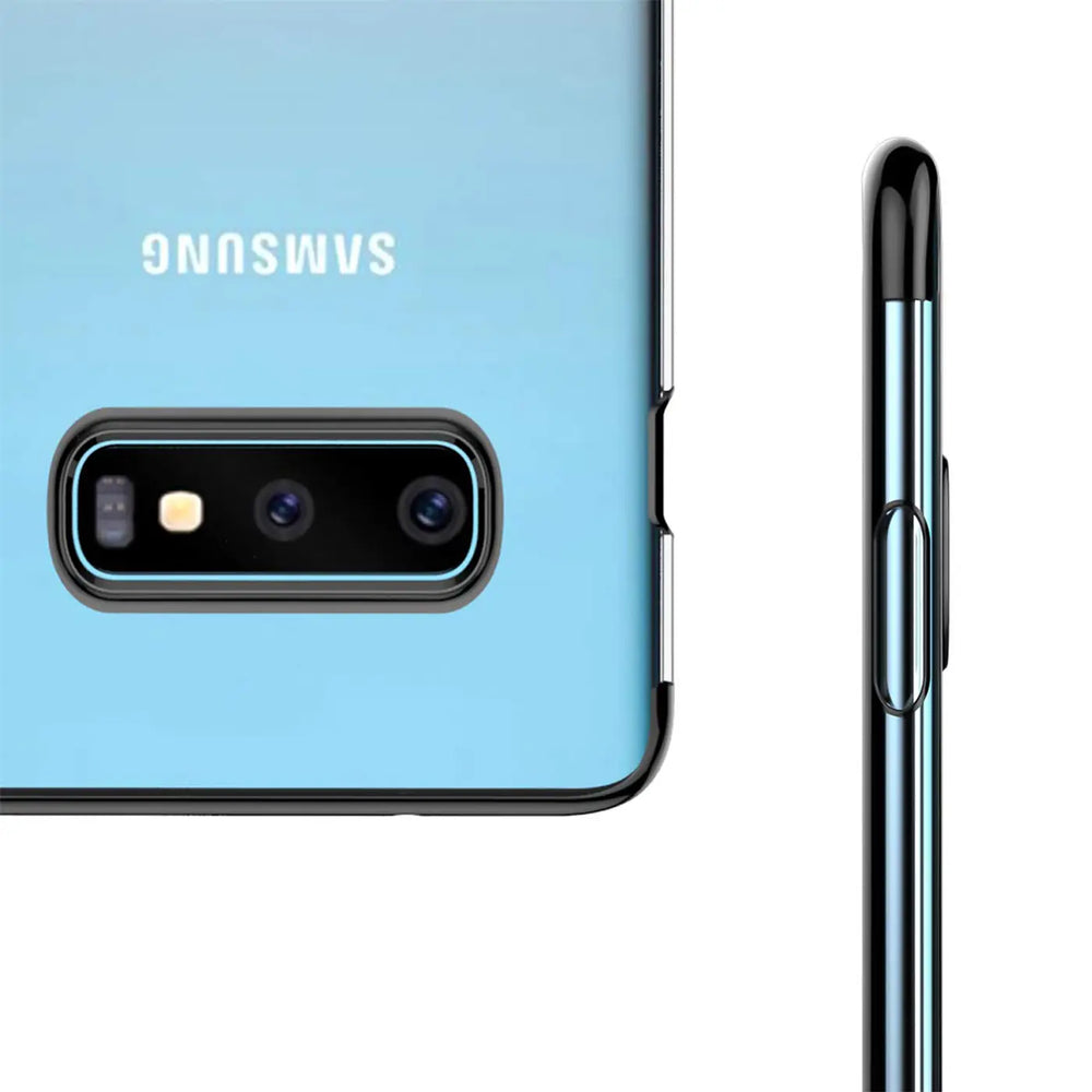 Samsung S6 Edge mit blauer Rückseite, schwarzer Hülle, Seitenansicht mit Tasten.