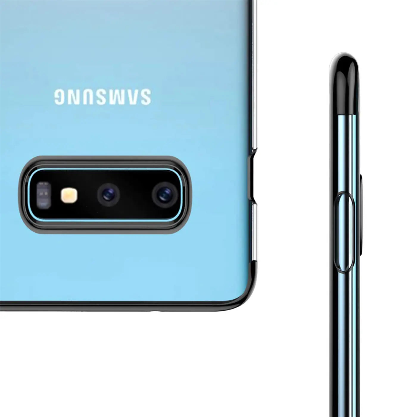Samsung S6 Edge mit blauer Rückseite, schwarzer Hülle, Seitenansicht mit Tasten.