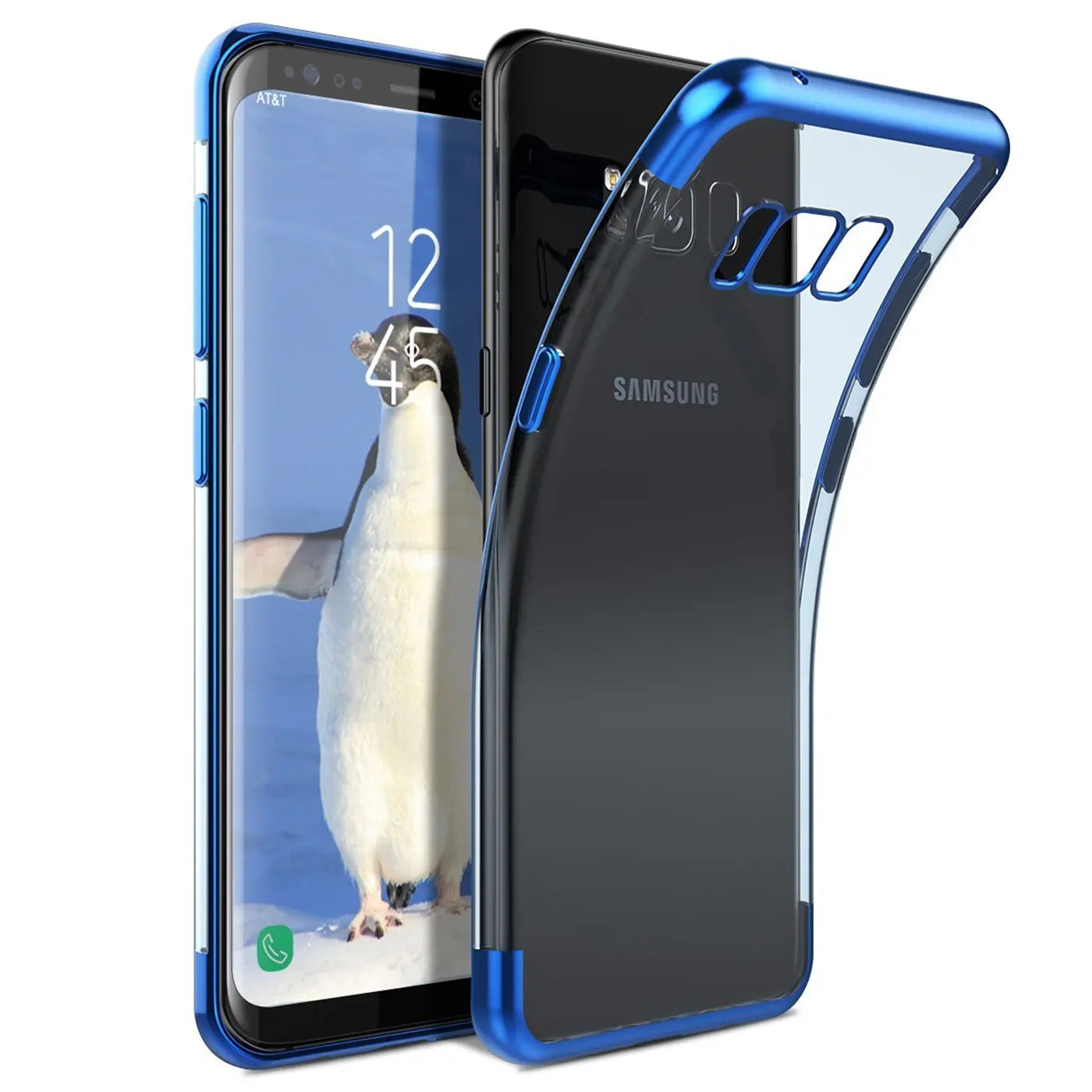 Samsung Galaxy S8 Plus mit blauer Hülle, transparent, von vorne und hinten gezeigt.