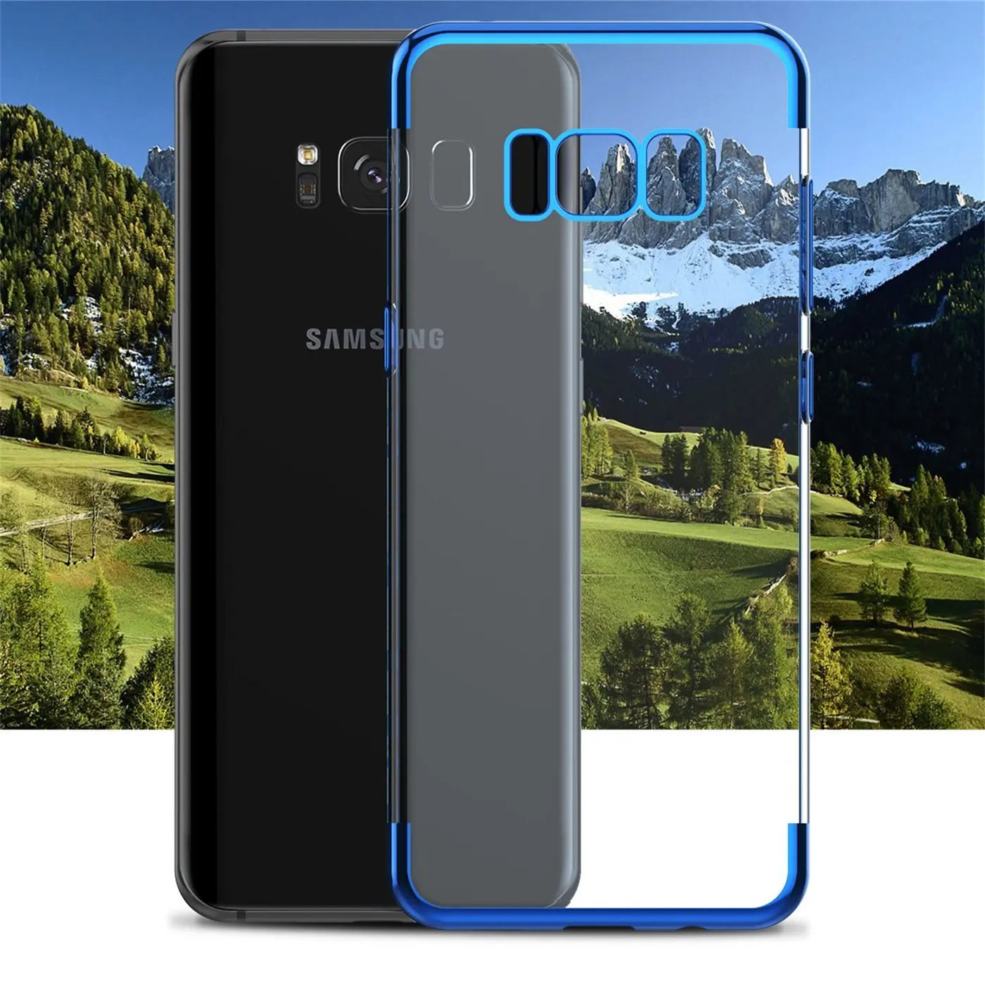 Samsung Galaxy S8 Plus mit blauer Klarsichthülle, von vorne, mit Berglandschaft im Hintergrund.