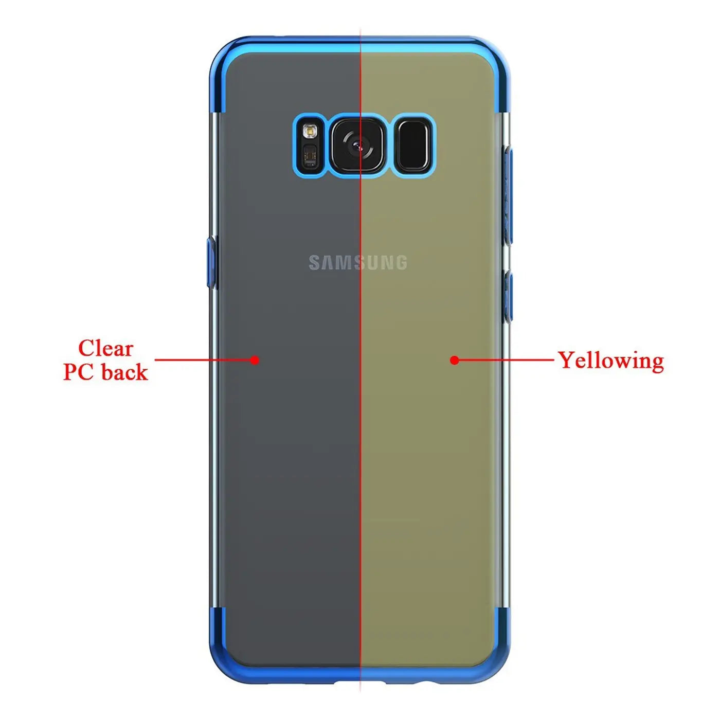 Samsung S8 Plus mit blauer Hülle, Rückseite geteilt: klar und vergilbt.