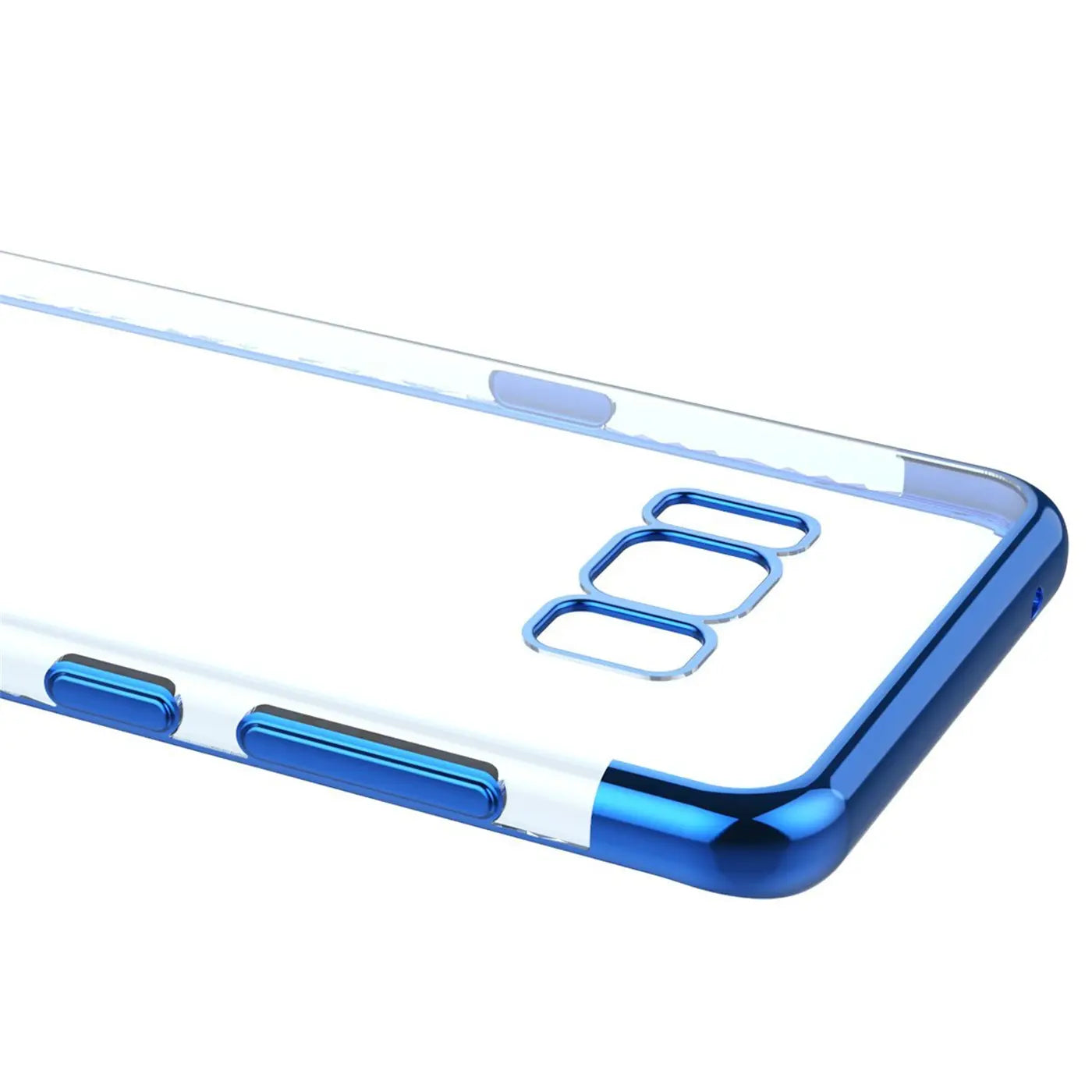 Klare Hülle mit blauem Rand, Nahaufnahme, zeigt Ausschnitt eines Samsung Galaxy S8 Plus.