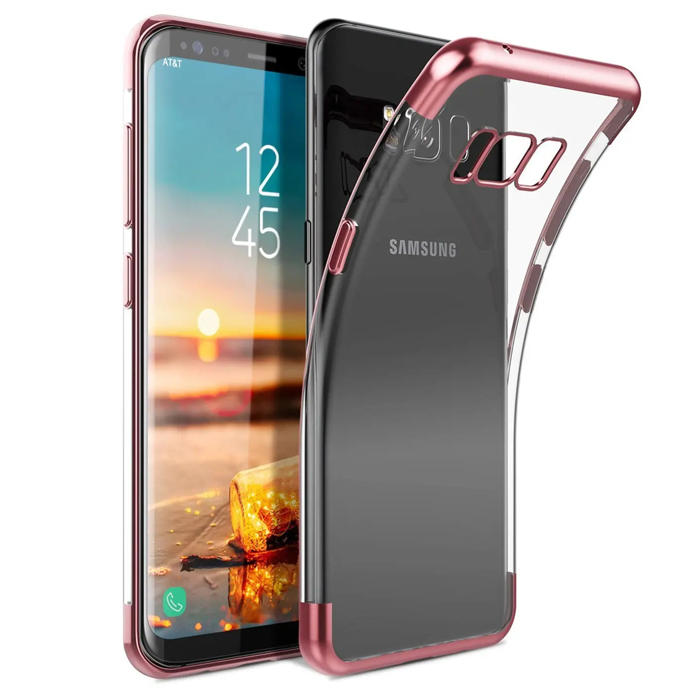 Samsung Galaxy S8 Plus mit transparenter Hülle, roségoldener Rand, von vorne links