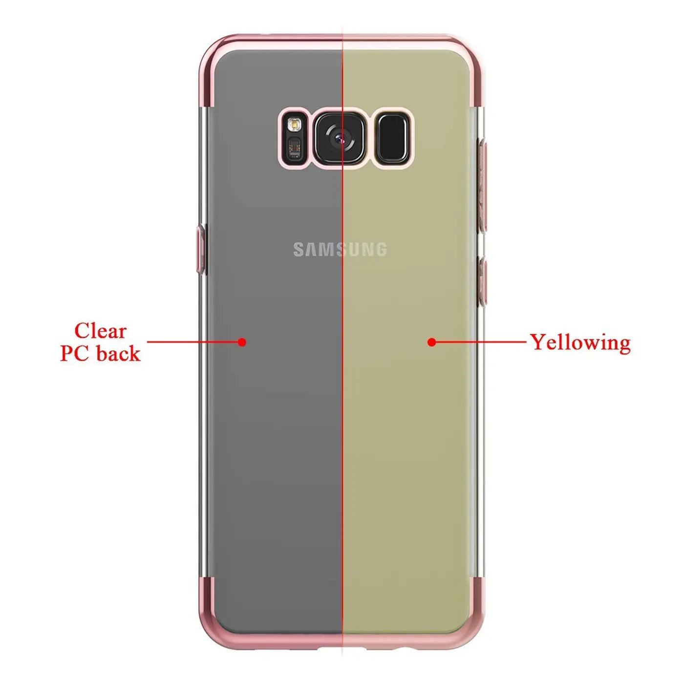 Samsung Galaxy S8 Plus Hülle, transparentes PC mit rosa Rand, zeigt Vergilbung.