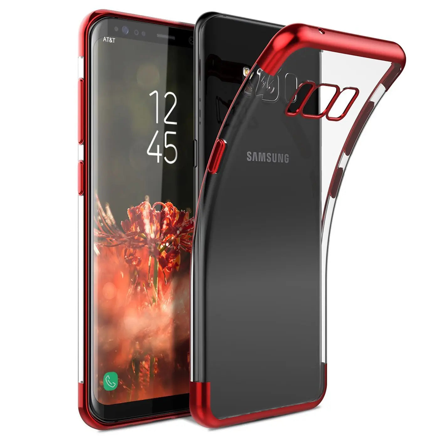 Samsung Galaxy S8 Plus mit roter Hülle, transparent, vorne und hinten sichtbar.
