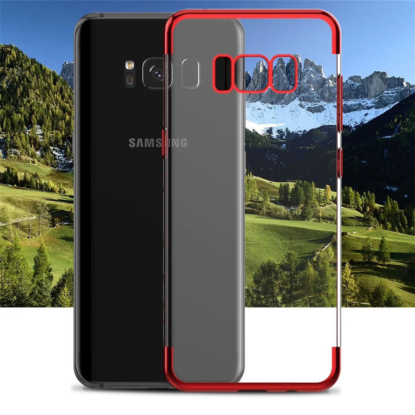 Samsung Galaxy S8 Plus mit roter Hülle, klare Rückseite, von vorne