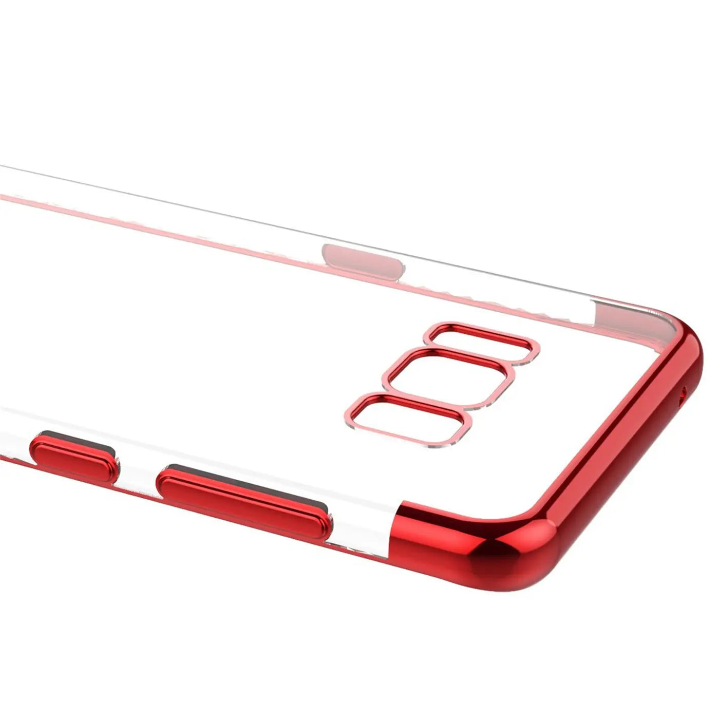 Samsung S8 Plus Hülle, transparent mit rotem Rand, Nahaufnahme von der Rückseite.