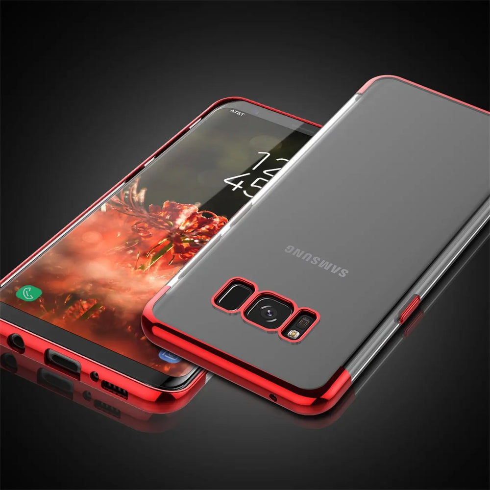 Transparente Handyhülle für Samsung Galaxy S8 Plus mit farblichen Akzenten in Schwarz, Rot, Blau oder Roségold.