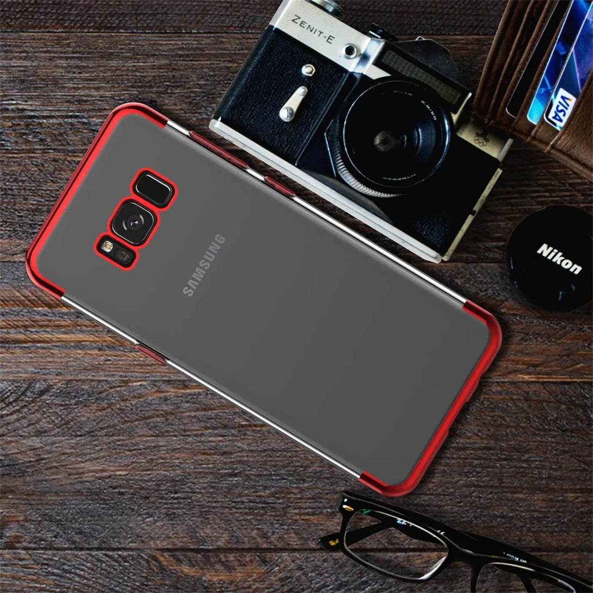 Transparente Handyhülle für Samsung Galaxy S8 Plus mit farblichen Akzenten in Schwarz, Rot, Blau oder Roségold.