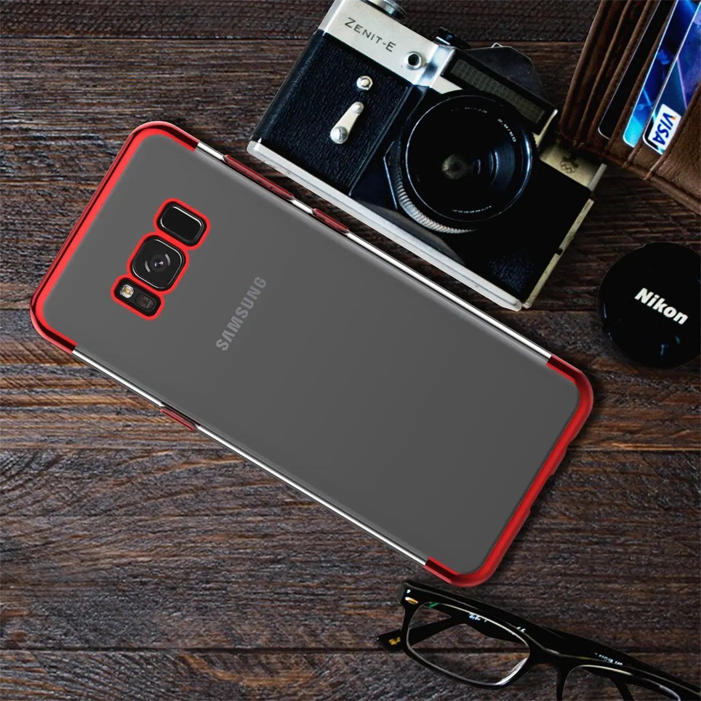 Samsung Galaxy S8 Plus Hülle, transparent mit rotem Rand, Rückansicht