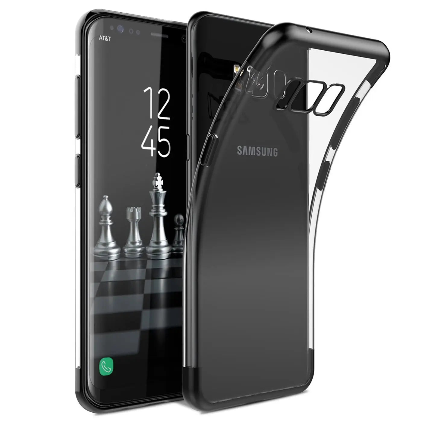 Samsung Galaxy S8 Plus mit schwarzer Hülle, klare Rückseite, von vorne links
