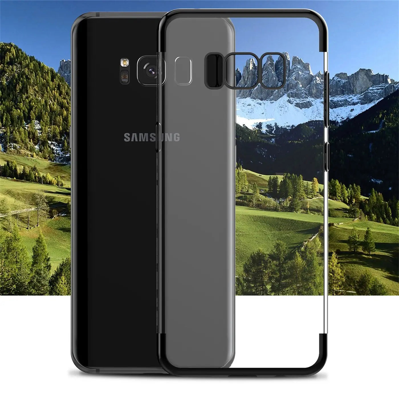 Samsung Galaxy S8 Plus mit transparenter Hülle, schwarzer Rand, von vorne