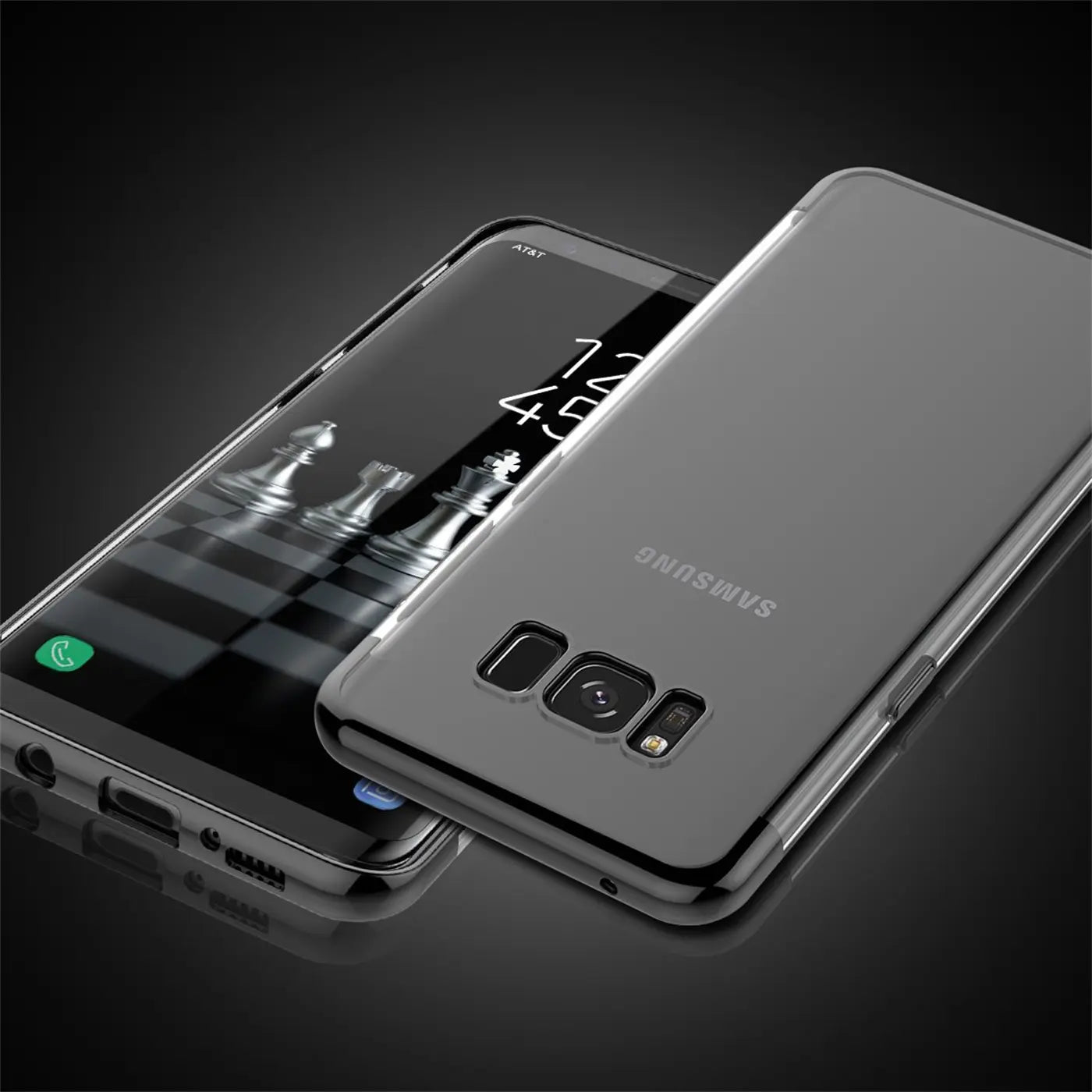 Samsung Galaxy S8 Plus mit transparenter Hülle, grauer Rand, von schräg oben