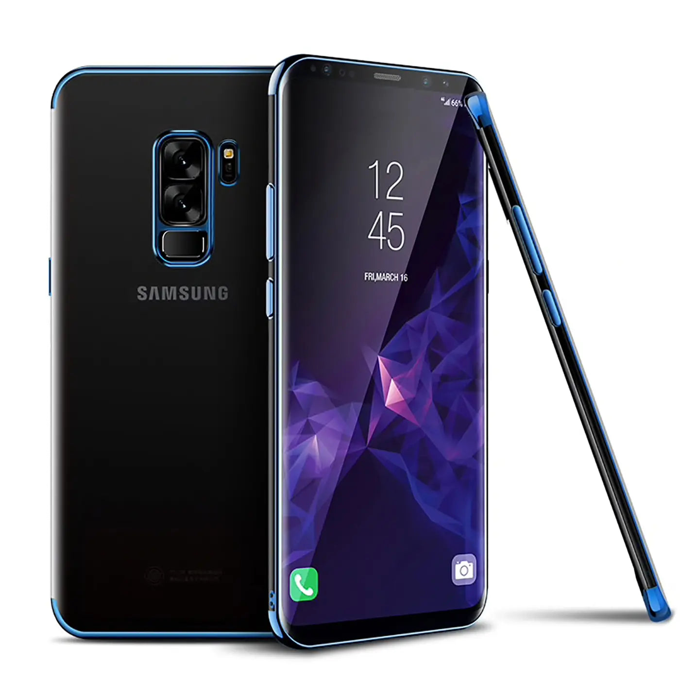 Samsung Galaxy S9 Plus mit blauer Hülle, von vorne und hinten gezeigt, aus Kunststoff