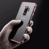 Transparente Handyhülle für Samsung Galaxy S9 Plus mit farblichen Akzenten in Schwarz, Rot, Blau oder Roségold.