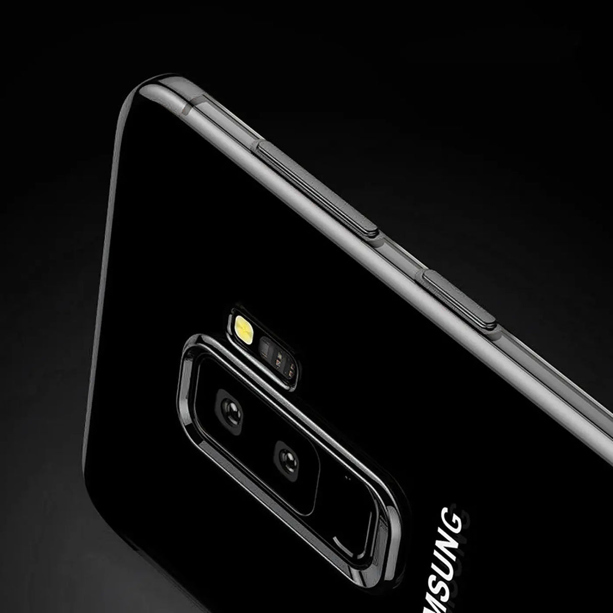 Transparente Handyhülle für Samsung Galaxy S9 Plus mit farblichen Akzenten in Schwarz, Rot, Blau oder Roségold.