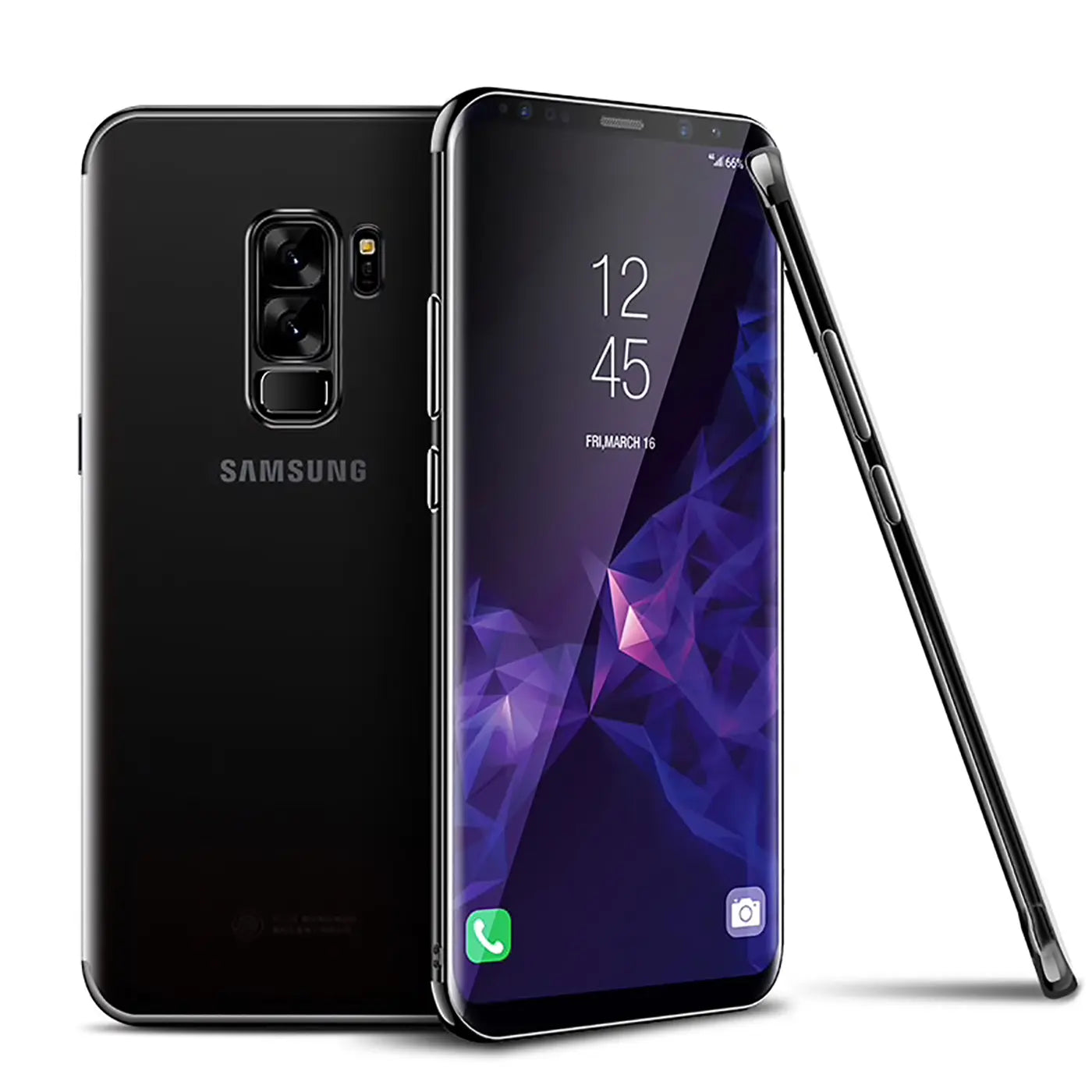 Samsung Galaxy S9 mit transparenter Hülle, schwarzer Rand, von vorne und hinten gezeigt.