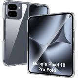 Zwei transparente, glänzende TPU-Hüllen für das Google Pixel 10 Pro Fold, leicht schräg von vorne rechts.
