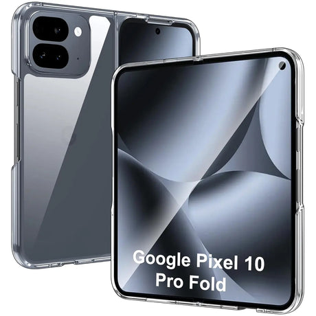 Zwei transparente, glänzende TPU-Hüllen für das Google Pixel 10 Pro Fold, leicht schräg von vorne rechts.