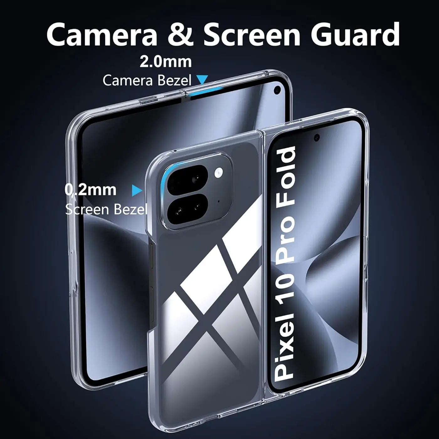 Transparentes, glänzendes Kunststoff-Case für Google Pixel 10 Pro Fold, leicht schräg von vorne gezeigt.