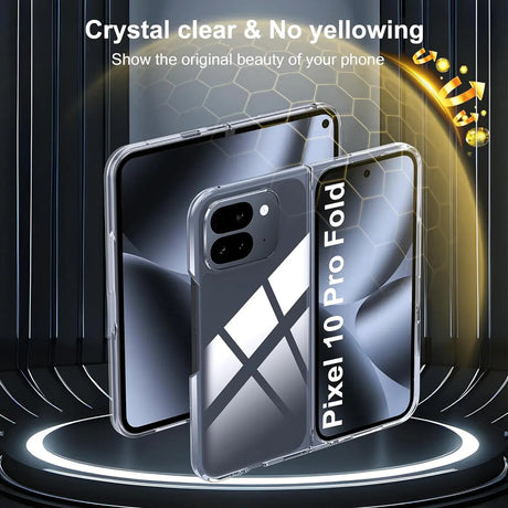 Transparentes, ultra-schlankes Google Pixel 10 Pro Fold Case aus Silikon, leicht schräg von vorne auf dunklem Hintergrund.