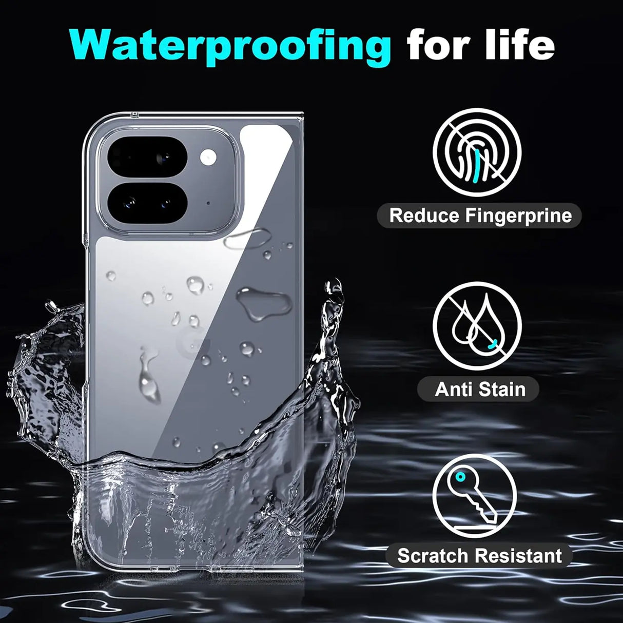 Rückseite eines transparenten Google Pixel 10 Pro Fold Clear Case mit Wassertropfen und Spritzern, von hinten.