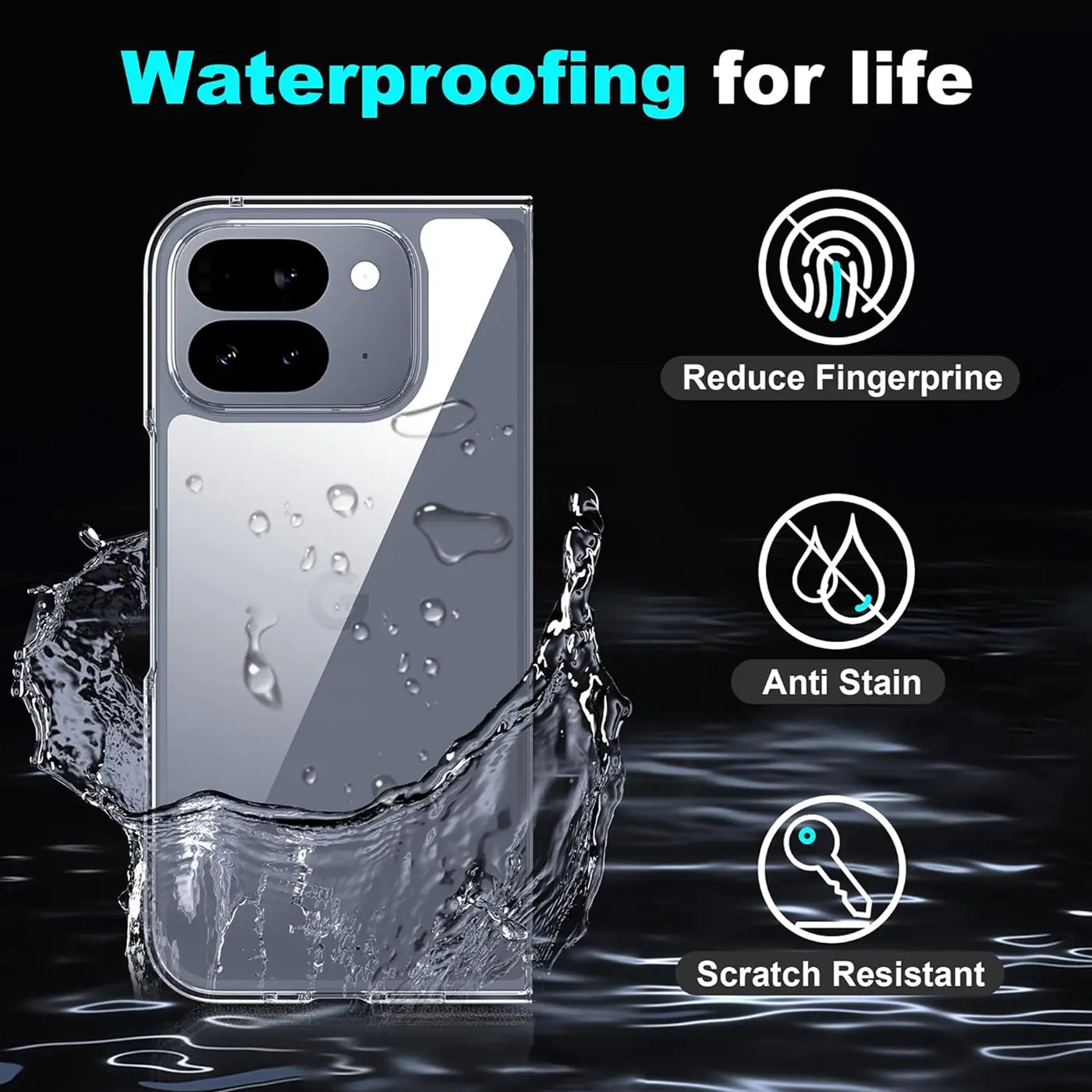 Rückseite eines transparenten Google Pixel 10 Pro Fold Clear Case mit Wassertropfen und Spritzern, von hinten.