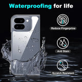 Rückseite eines transparenten Google Pixel 10 Pro Fold Clear Case mit Wassertropfen und Spritzern, von hinten.