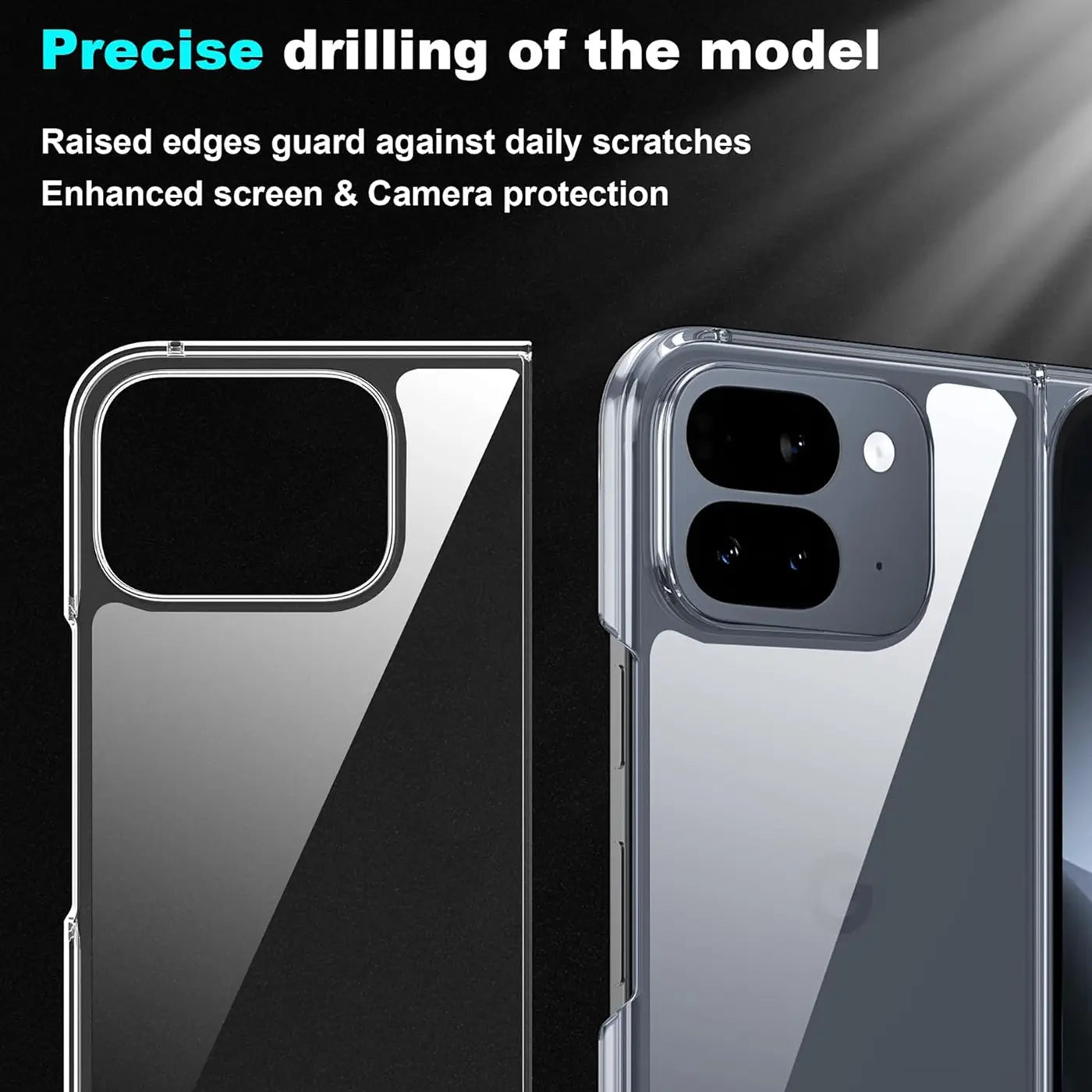 Zwei transparente, glänzende Silikonhüllen für Google Pixel 10 Pro Fold, Rückseite und Kameraausschnitt sichtbar.
