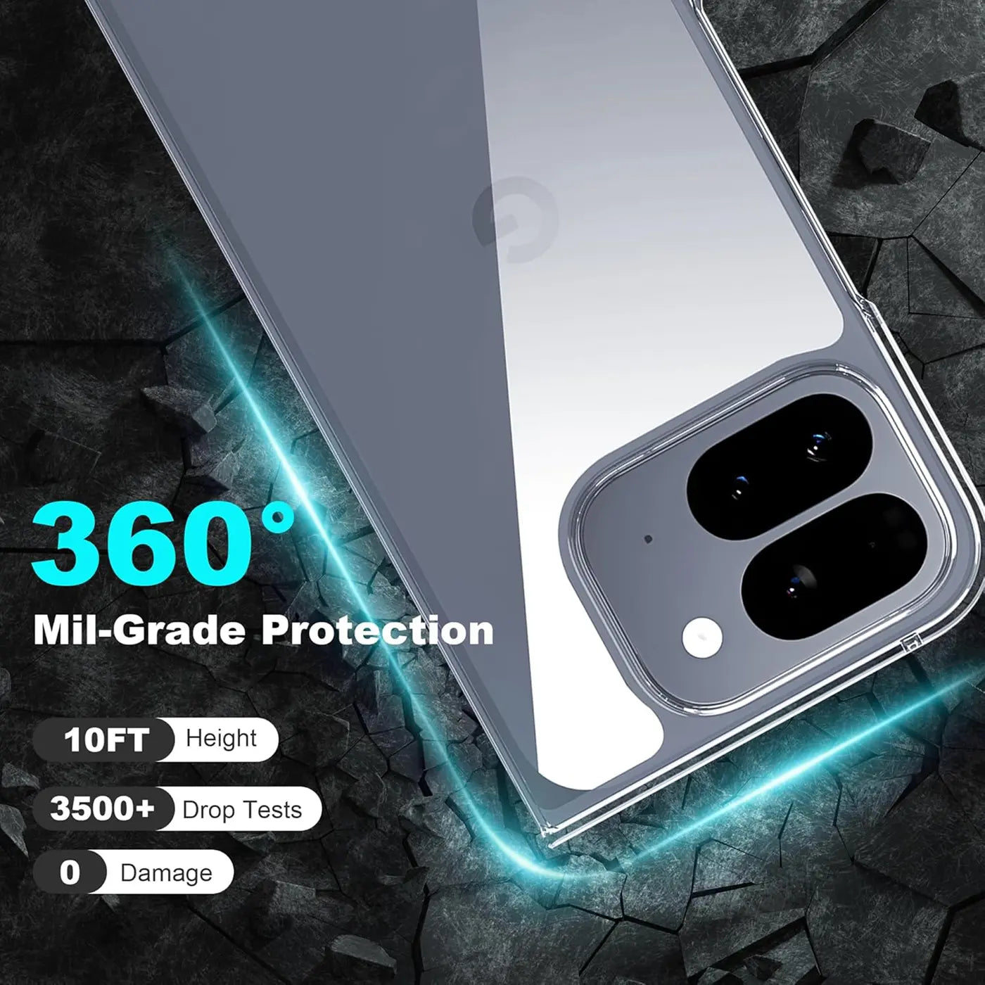Transparente, klare Silikonhülle für Google Pixel 10 Pro Fold, Rückseite mit Kameraausschnitt, schräg von oben.