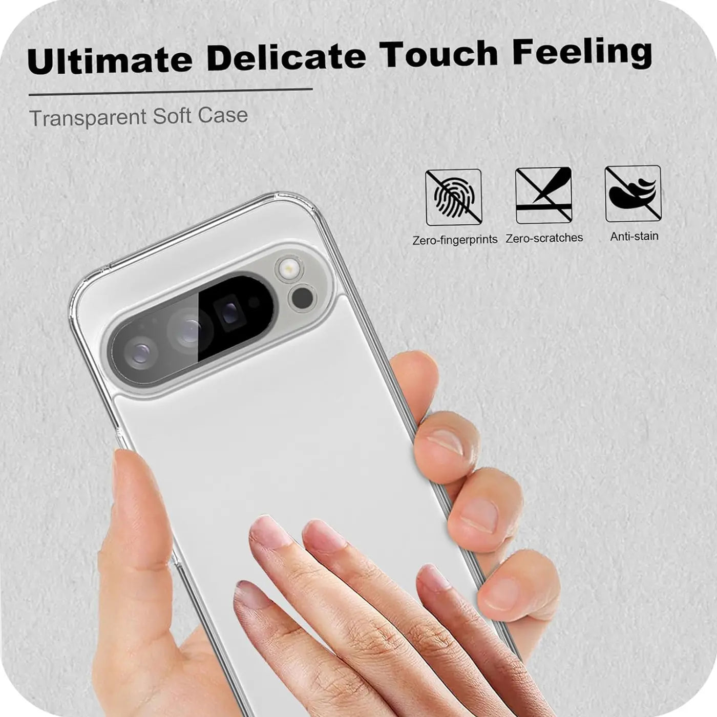 Hand hält ein Google Pixel 10 Pro XL mit transparentem, ultra-schlankem Silikon-Case, Rückseite, leicht schräg von oben.