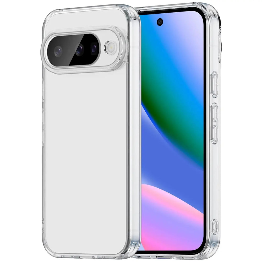 Klares, transparentes Silikon-Case für Google Pixel 10, Rückseite mit Kameraausschnitt, Vorderseite mit Display.