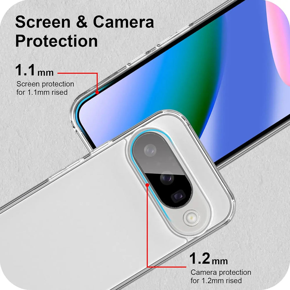 Klares, transparentes Silikon-Case für Google Pixel 10, schräg von oben. Erhöhter Schutz für Display und Kamera.