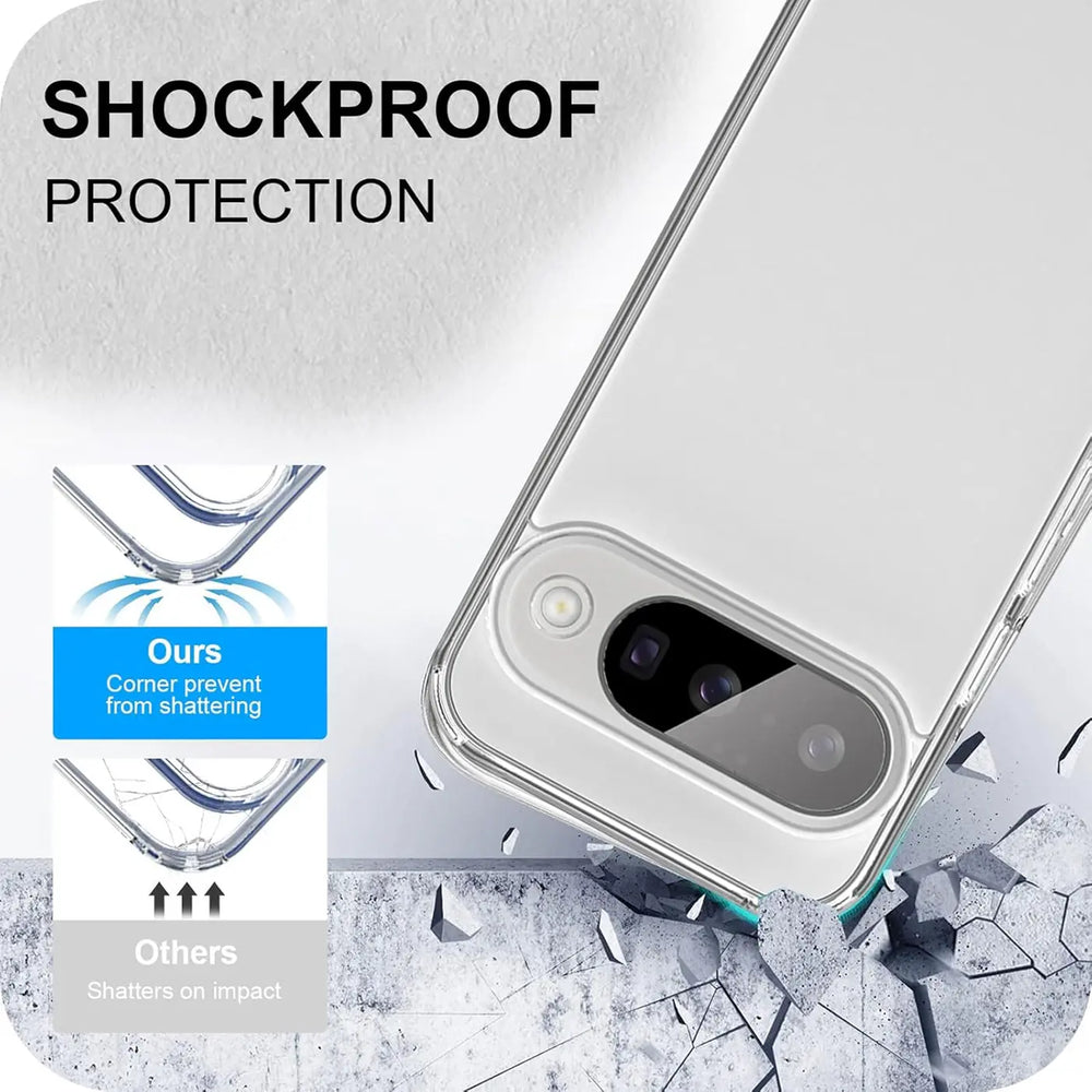 Klares, transparentes Silikon-Case für Google Pixel 10, schräg von oben auf Betonboden liegend, mit Schockschutz-Grafik.