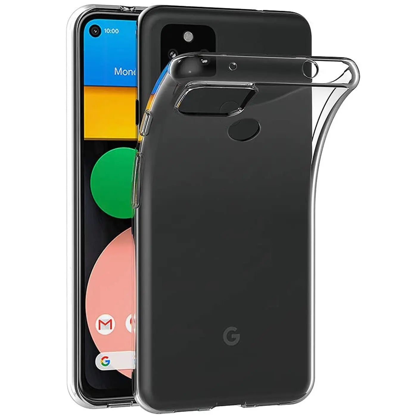Google Pixel 4A mit transparentem, ultra-schlankem Silikon-Case von schräg hinten, teilweise abgelöst.